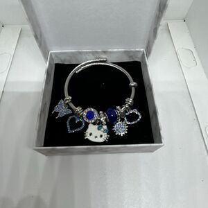 Hello Kitty Charm Bracelet Blue Crystal Heart Butterfly Adjustable Bangle
